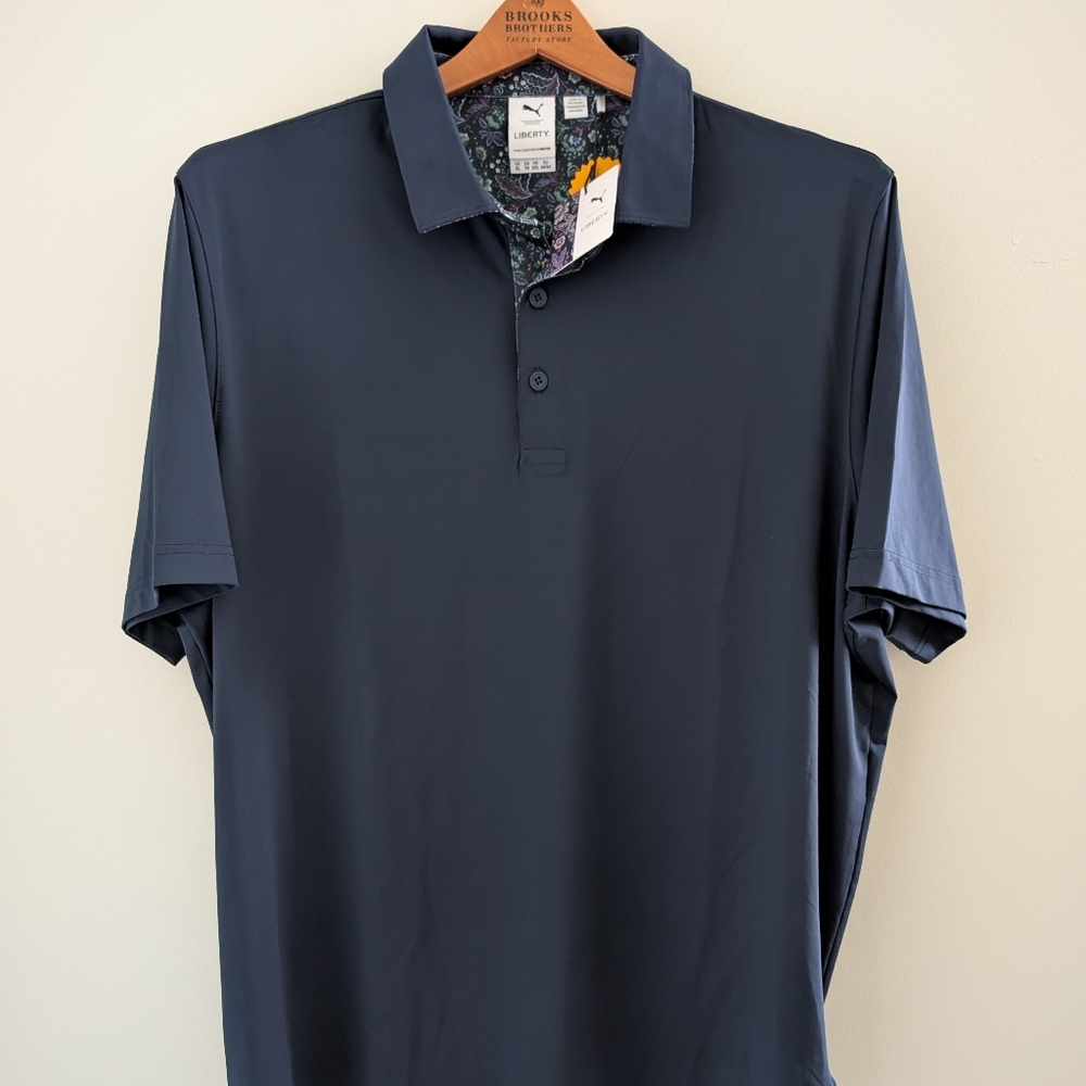 PUMA x LIBERTY Golf Polo Shirt Men's XL Performance Navy Blazer Green Fog NWT